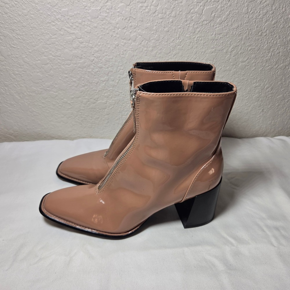 Open Edit Chloe Nude Patent Front Zip Square Toe Ankle Boots 7.5M